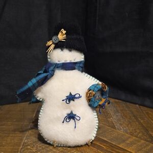 Handcrafted Snowman Plush with Blue Accents